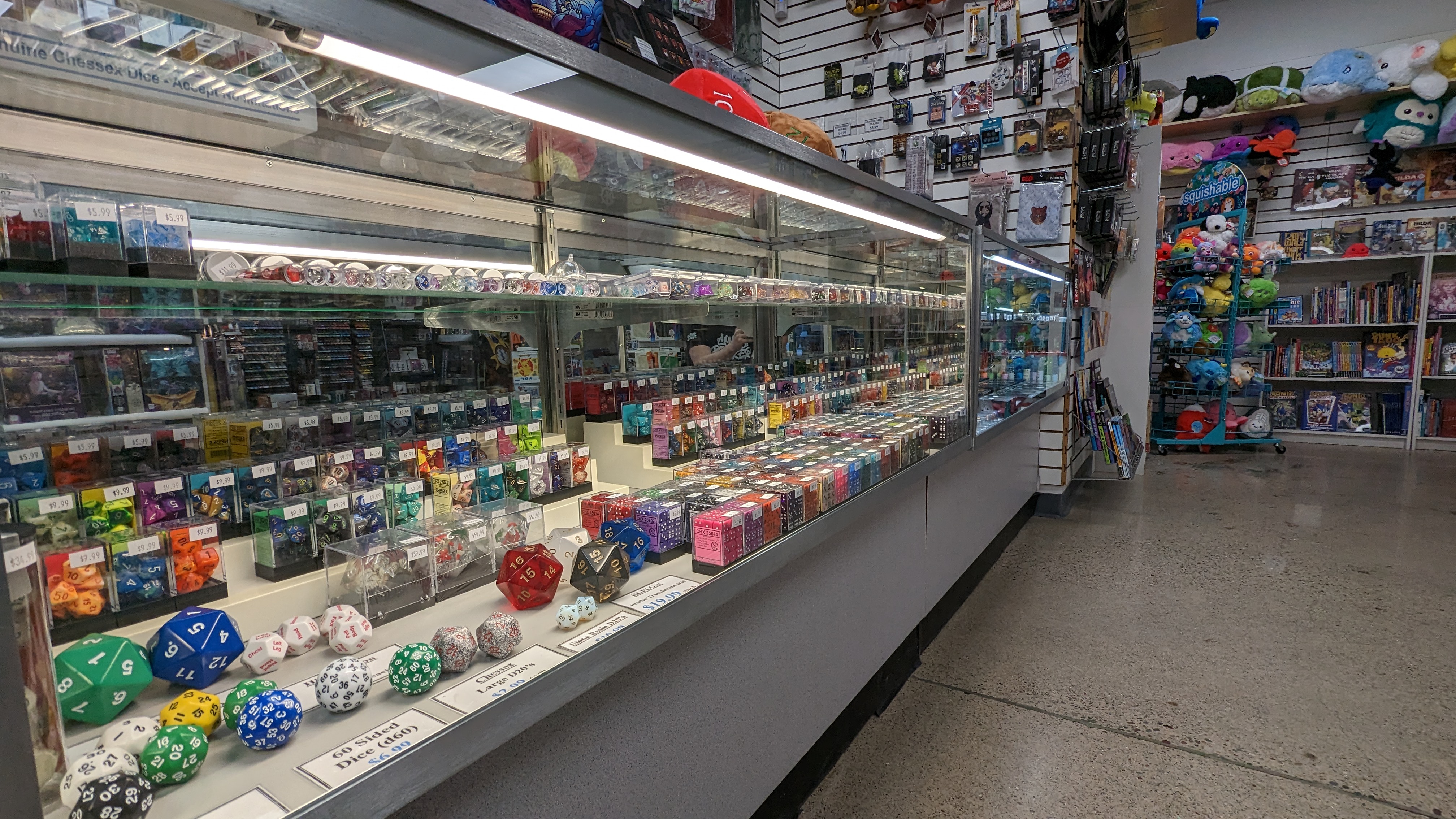 Rows of dice and sundry items