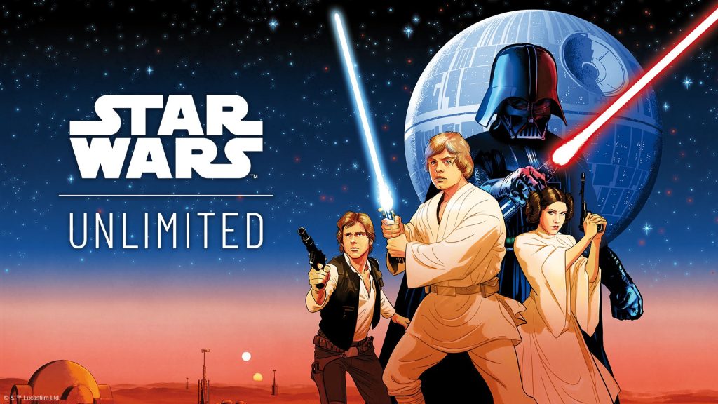 Star Wars Unlimited collectable card game promotion with Luke, Leia, Darth Vader and Han Solo